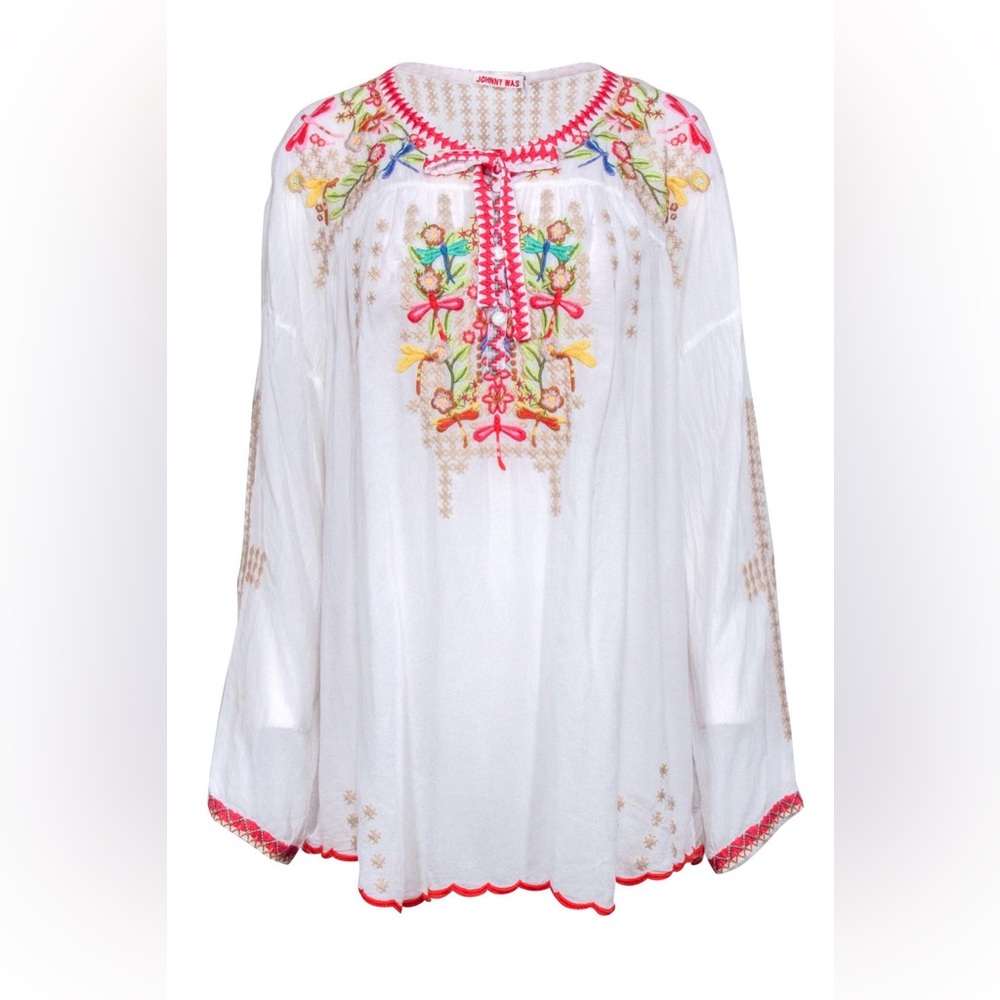 Johnny Was White Peasant Blouse with Multicolor Floral Embroidery